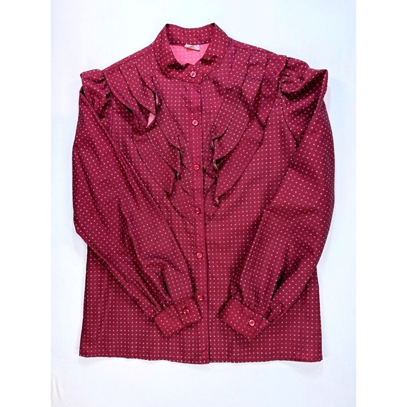 VTG Styled by Sybil, Ruffle Front Shirt, Maroon, Small Print Blouse, Sz 9/10-EUC - Picture 1 of 7